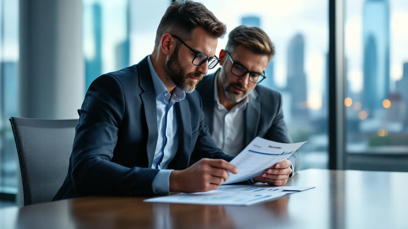 Two business professionals reviewing a printed IT budget sheet at a conference table with the Houston skyline behind them