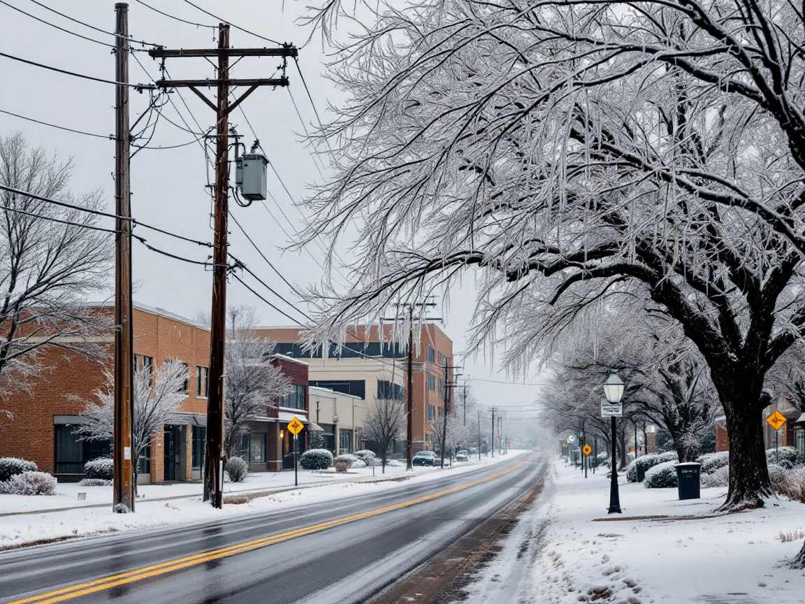 Ice and snow weighing on tree branches and power lines beside a street of brick office buildings in North Texas