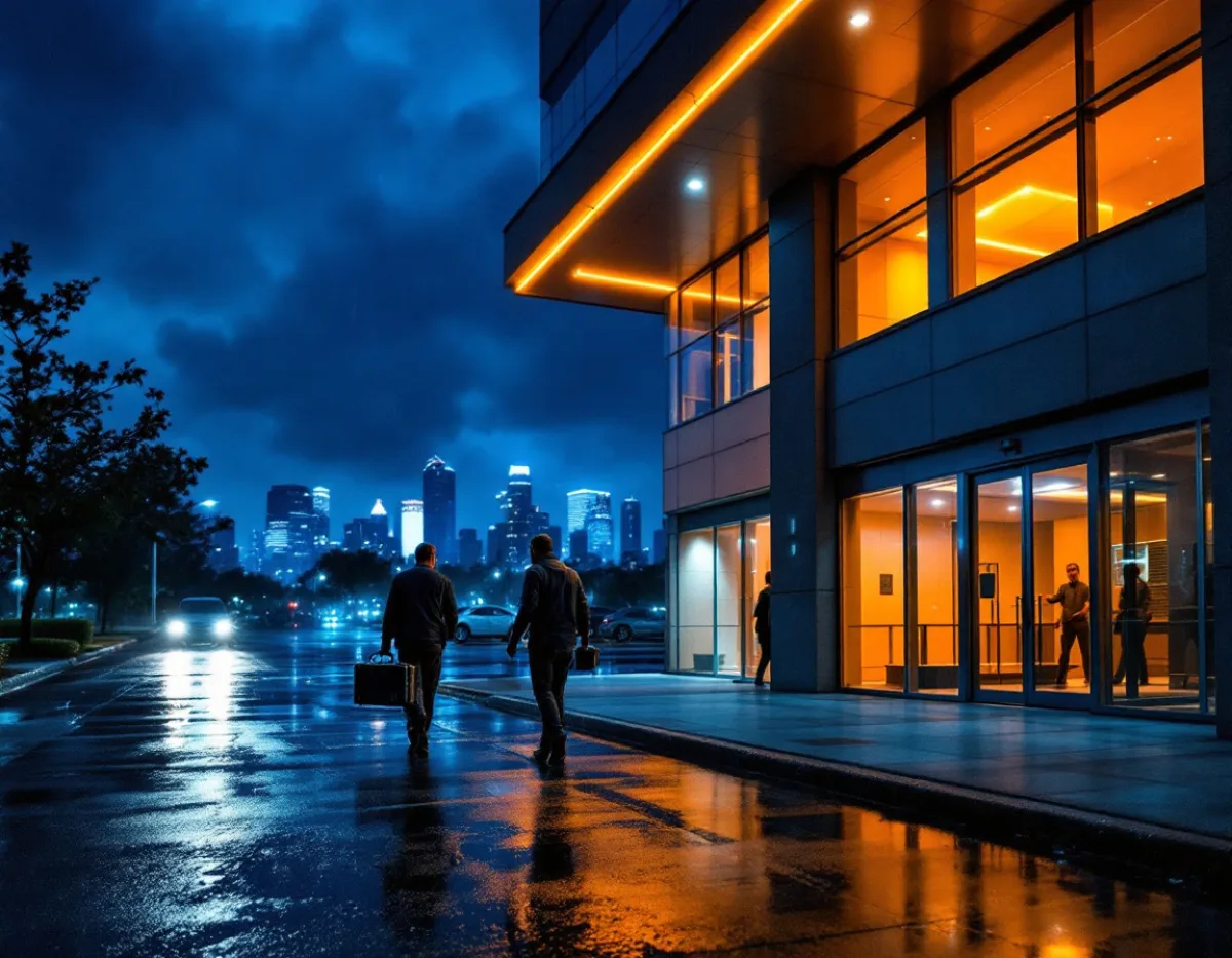 Two responders carrying an equipment case toward a lit Houston office building at night after rain, with the downtown skyline behind them