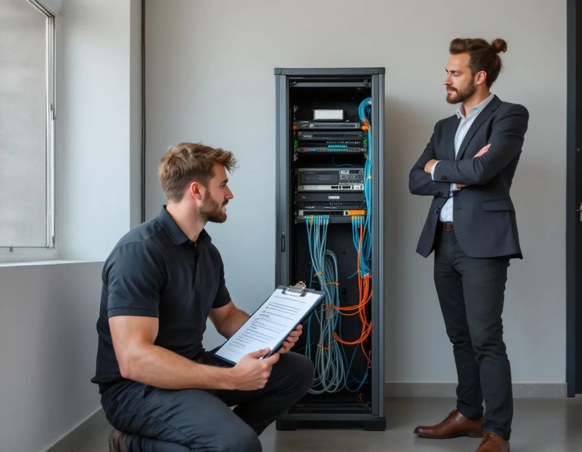 IT technician crouching beside an open network rack with a checklist on a clipboard while a Houston company finance manager looks on