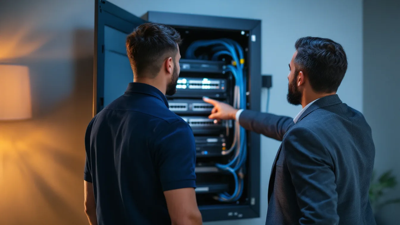 IT engineer in a navy polo pointing at network switch ports inside an open wall cabinet while a business owner in a gray blazer looks on