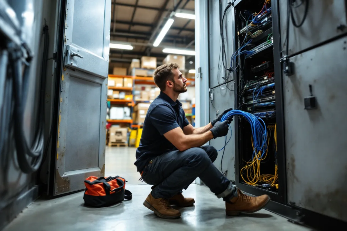 IT field engineer kneeling at an open network rack in the back office of an industrial supply warehouse, sorting blue patch cables with a tool bag on the floor