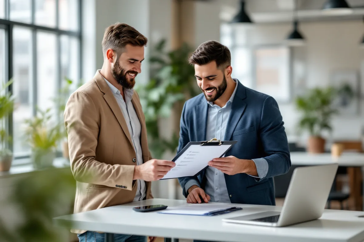 Operations manager and IT account lead reviewing a printed checklist on a clipboard at a standing table in a bright office
