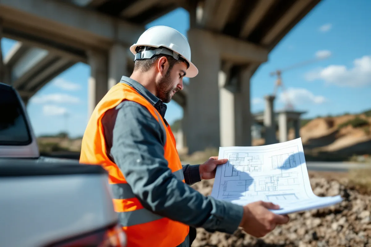 Field engineer in a hard hat and safety vest reviewing printed plan sheets beside a pickup truck under a highway overpass near San Antonio