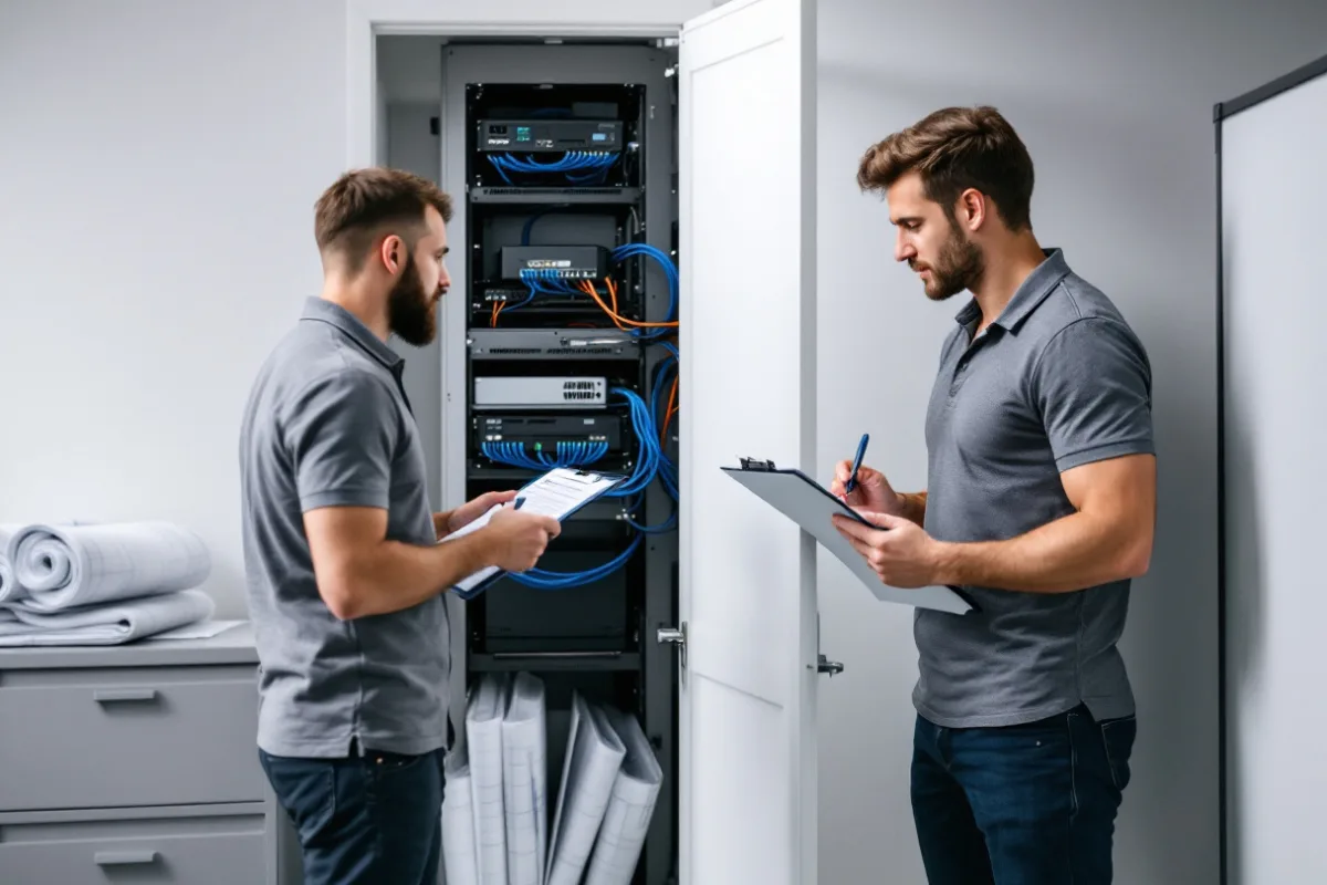 Two IT technicians with clipboards checking a network rack and storage in an engineering office closet beside rolled drawings
