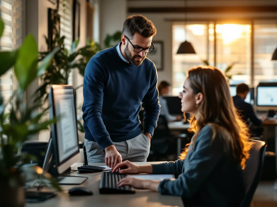 IT support specialist in a navy sweater standing beside an employee at her desk and pointing to her keyboard in a busy office