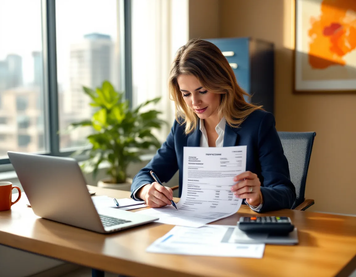 Operations manager in a Dallas office checking an IT support invoice against the service agreement with a pen and a calculator