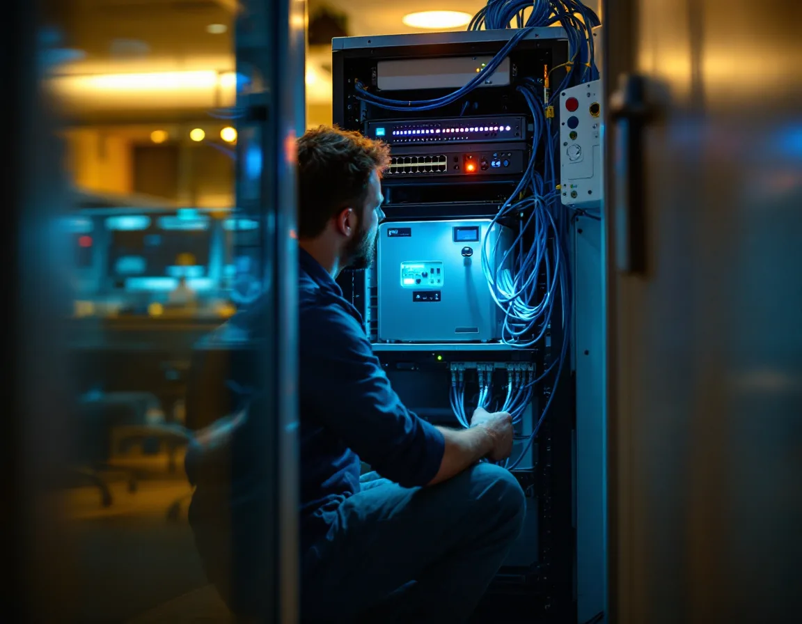 IT technician checking a network switch, firewall, and backup device in a small office network closet