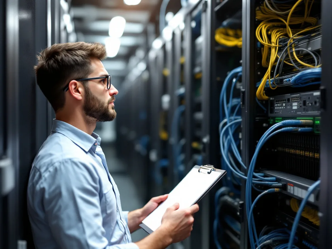 IT technician holding a clipboard while checking a neatly cabled network rack in a small Dallas-Fort Worth office closet