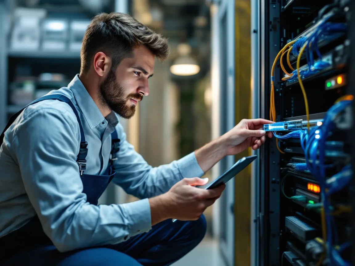 IT technician crouched at a small office network rack checking cabling with a tablet in hand