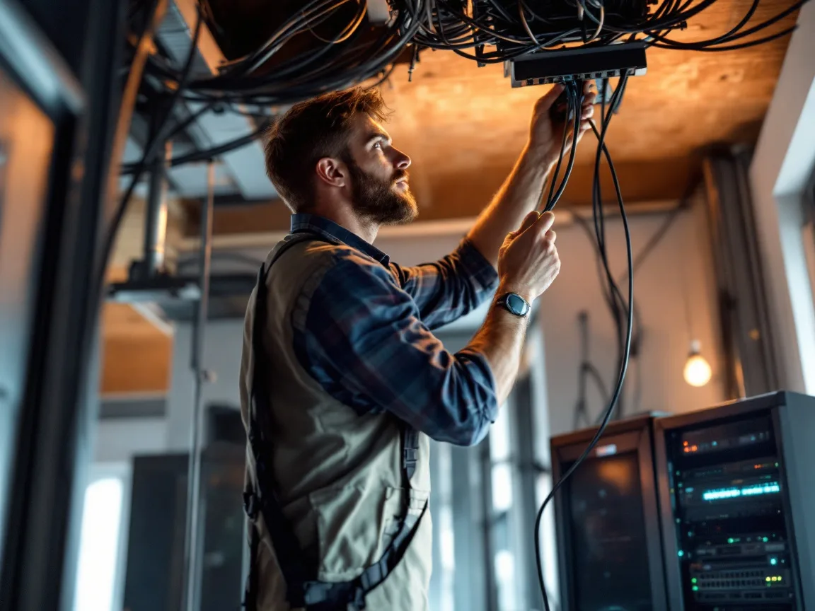 IT technician on a step ladder running network cable above a switch rack during an on-site visit