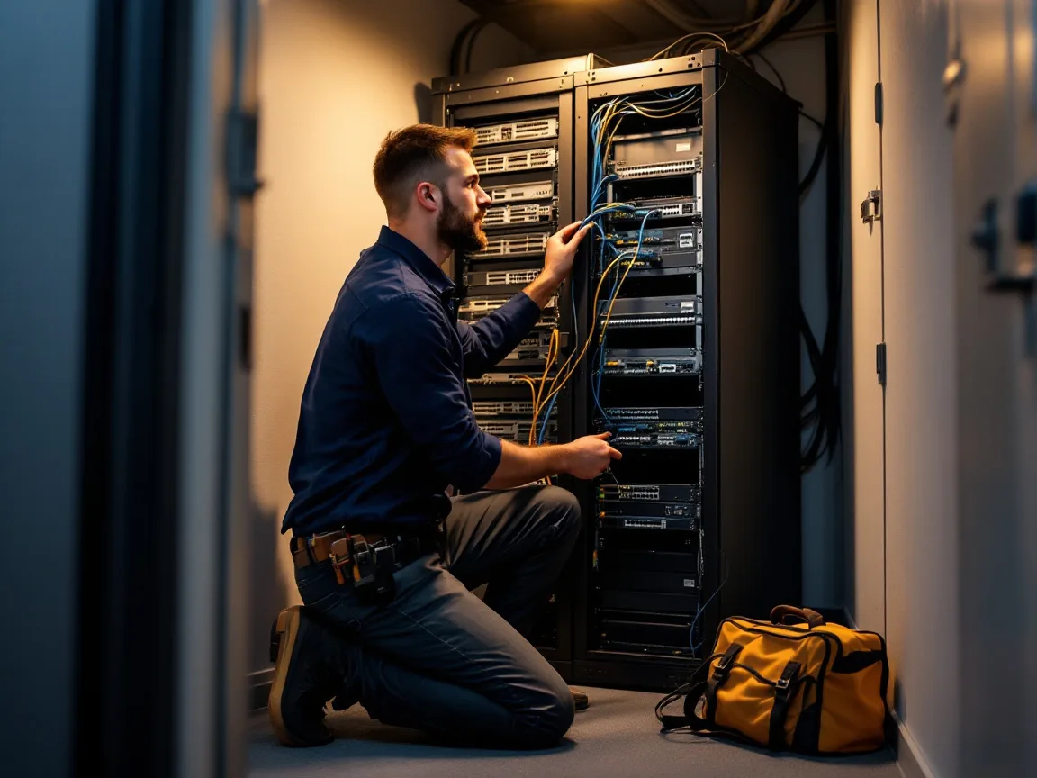 IT technician kneeling at a network switch rack replacing a patch cable during an on-site visit with a tool bag on the floor