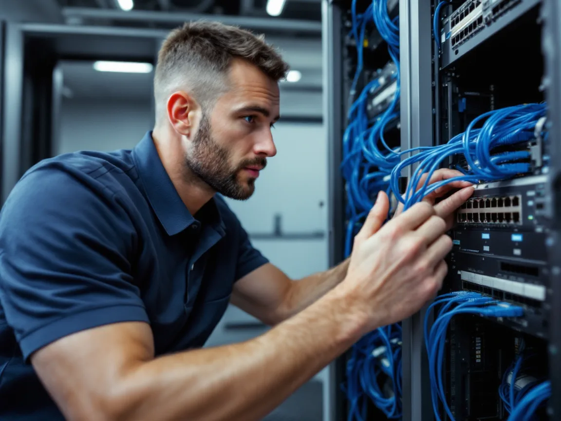 IT technician in a navy polo routing blue patch cables into switches on a network rack