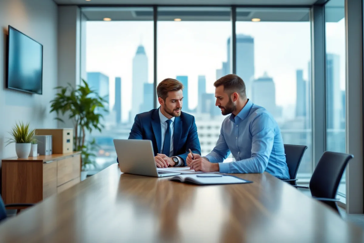 Managing partner and an IT consultant comparing managed IT provider proposals at a law office conference table
