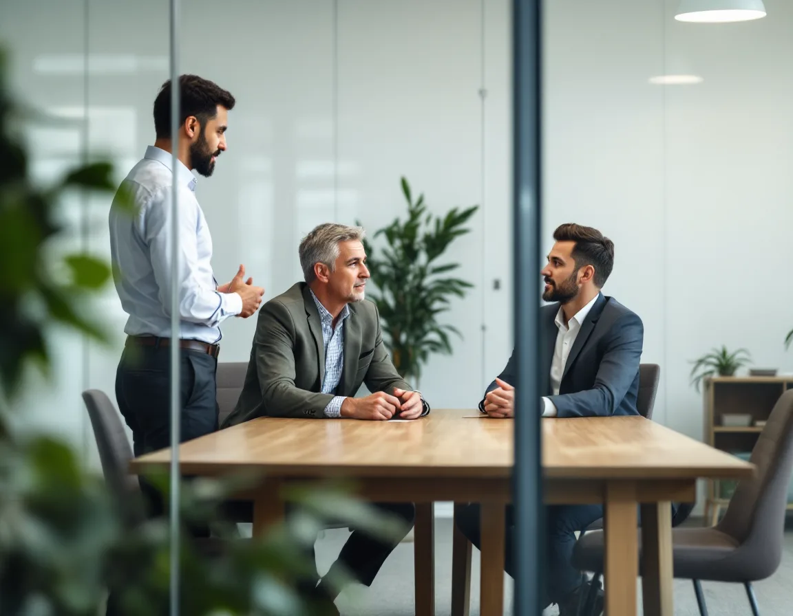 Three partners of a small lending firm meeting in a glass-walled conference room, one standing and speaking while two listen