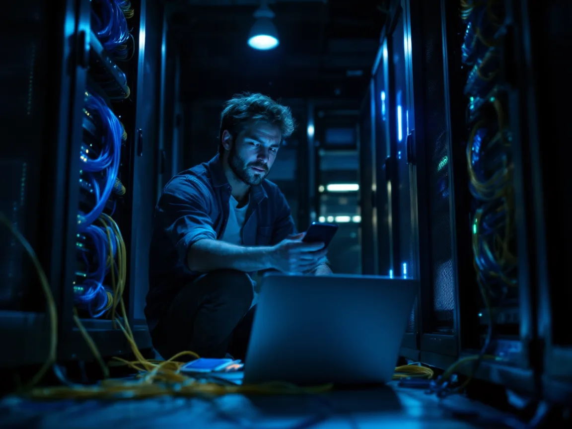 IT administrator working alone late at night beside a server rack with a laptop and phone