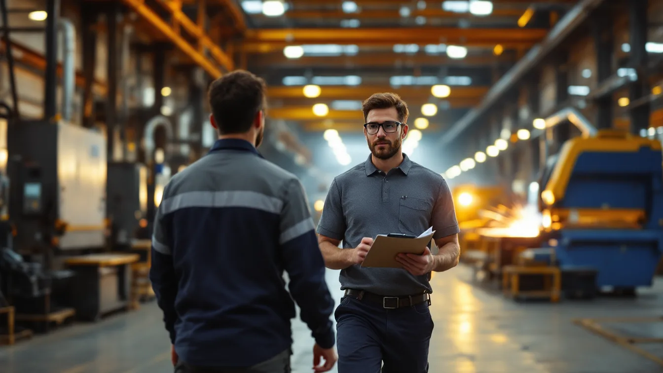Maintenance technician and IT technician with a clipboard walking a San Antonio metal fabrication plant aisle at shift change