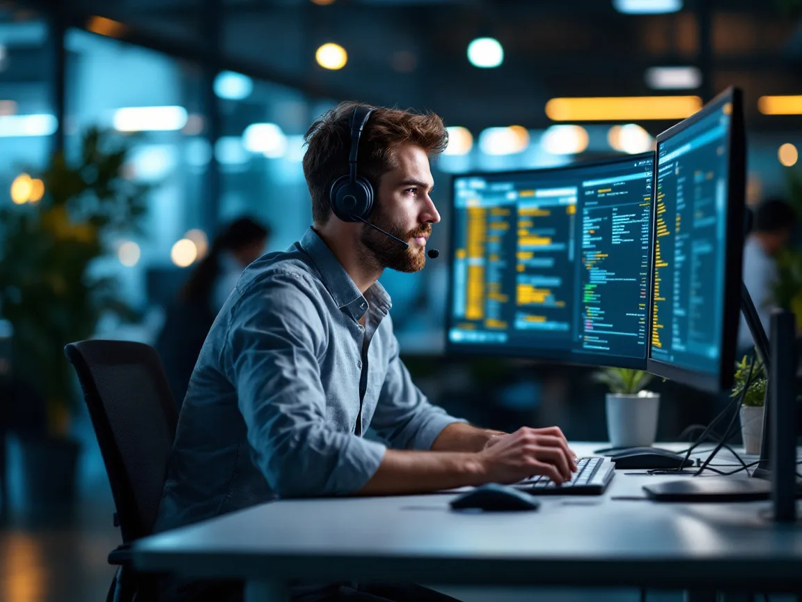 Help desk technician wearing a headset working a ticket queue on two monitors during an evening shift
