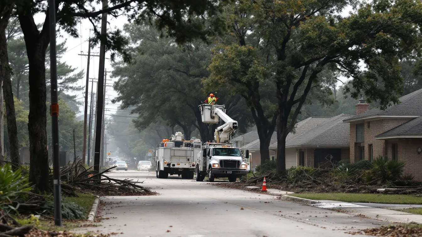 Utility bucket truck with a lineworker raised toward power lines on a pine-lined suburban street covered in fallen branches the morning after a hurricane