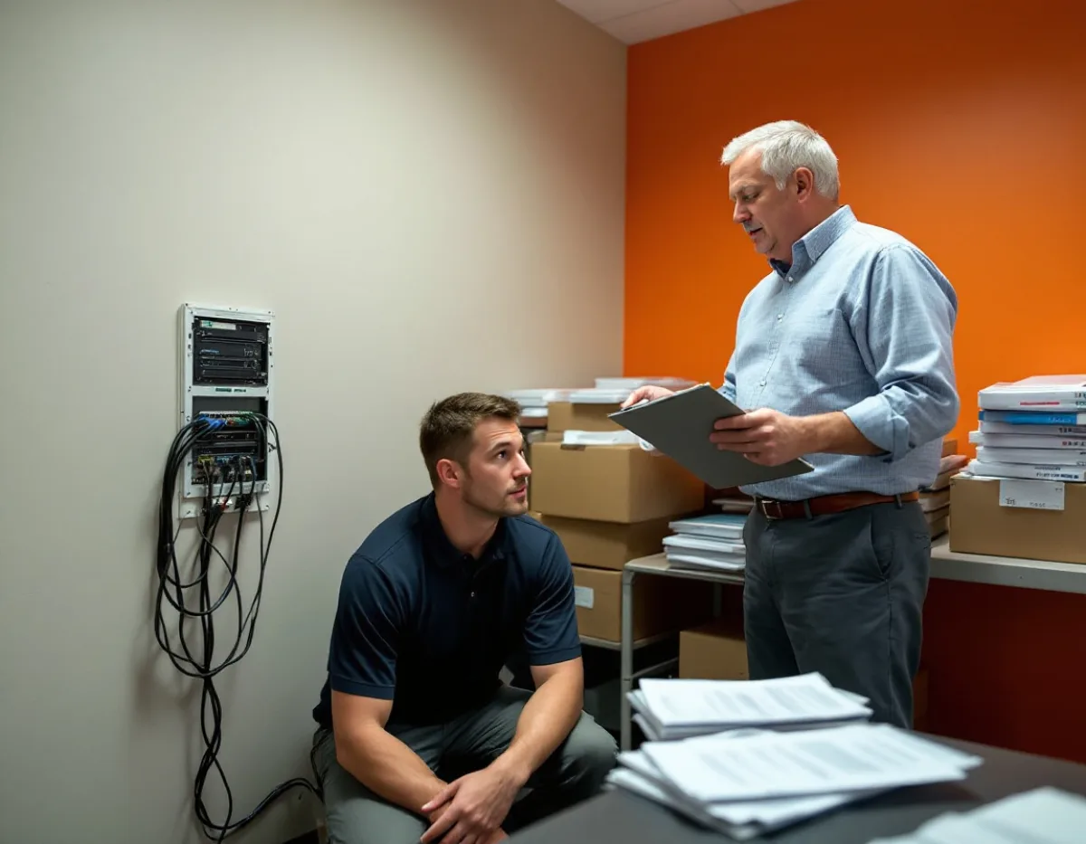 IT technician beside a small network rack talking with a Houston nonprofit finance manager holding a clipboard, with boxes of donated equipment on the shelves