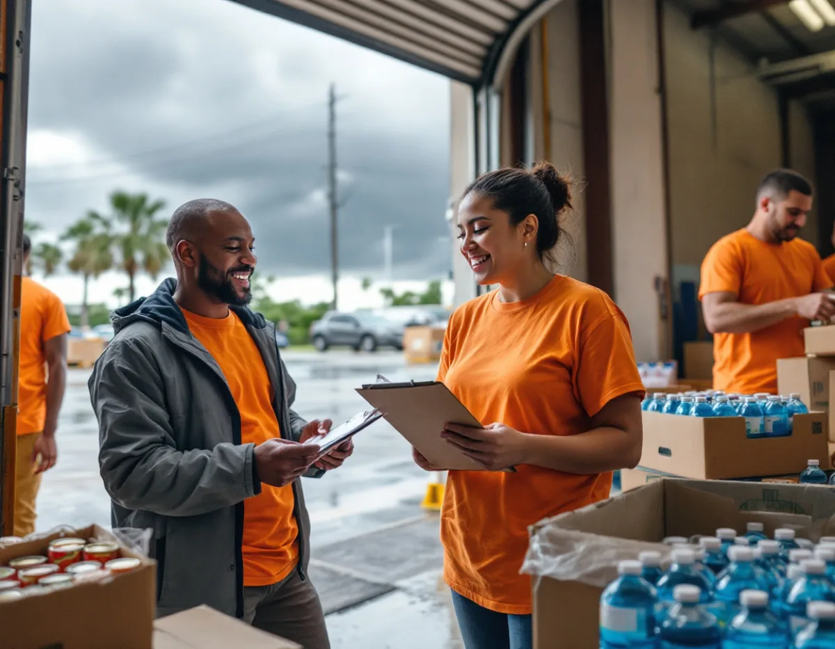 Volunteers in orange shirts at a Houston food distribution warehouse loading dock checking clipboards as storm clouds gather outside