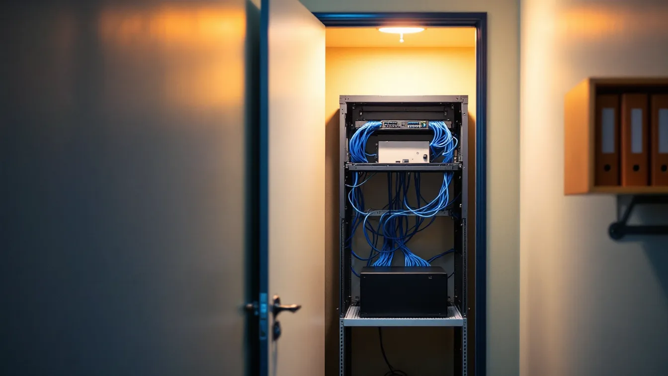 Open utility closet in a small nonprofit office after hours, with a wall rack of blue patch cables, a small network switch, and a single black server on the bottom shelf