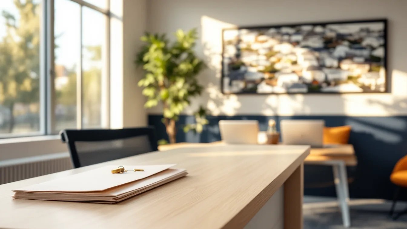 Front desk of a small North Dallas real estate brokerage with a stack of closing folders and brass house keys, hot desks with closed laptops behind it in late afternoon light