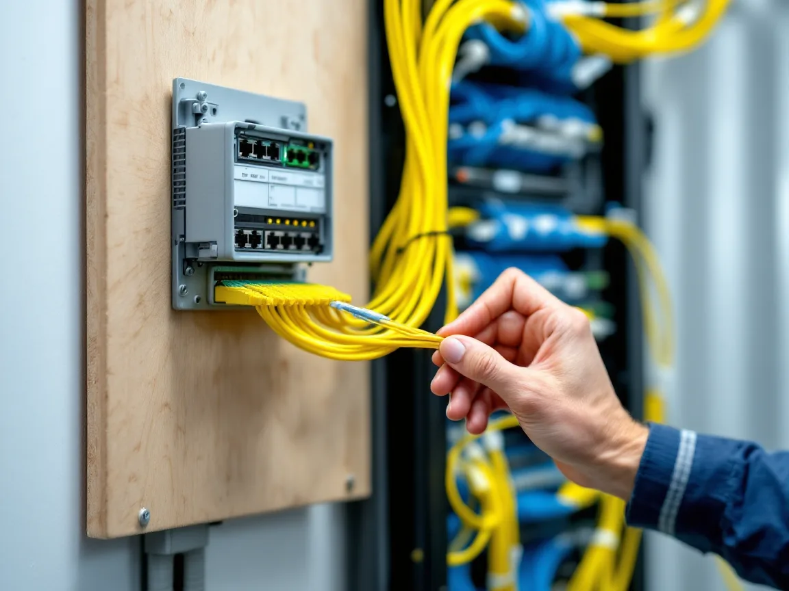Technician hand connecting yellow fiber patch cords at a carrier demarcation box on a plywood backboard beside a network rack in an office telecom room