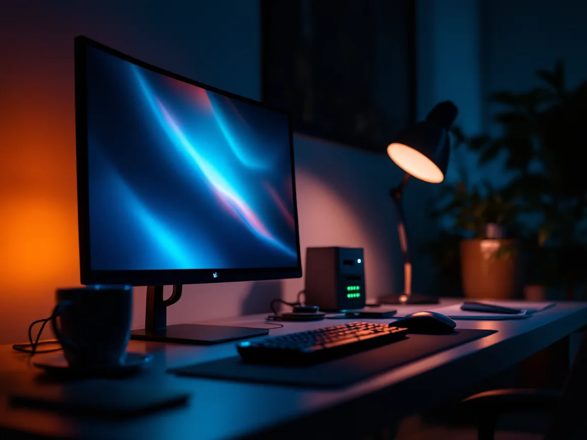 Office desk at dusk with a glowing monitor, keyboard and a small network switch with green status lights, where scheduled vulnerability scans run in the background