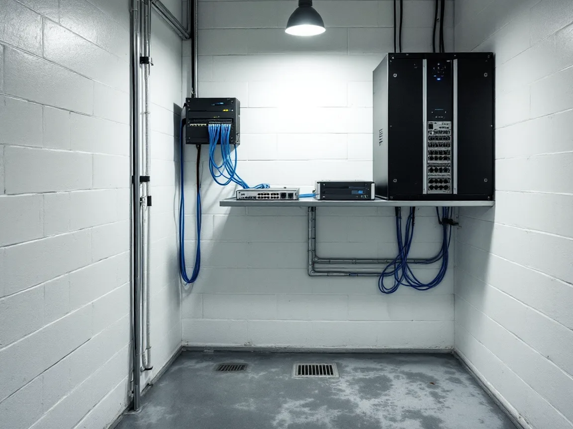 Small office IT closet with a wall-mounted switch, blue patch cables and a battery backup cabinet on a shelf well above a concrete floor with drains, painted cinderblock walls and one overhead light