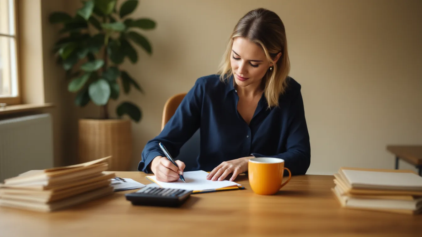 Office manager in a navy blouse writing on a notepad next to a desk calculator and stacks of folders, working out what a per-user IT plan costs once add-ons are counted