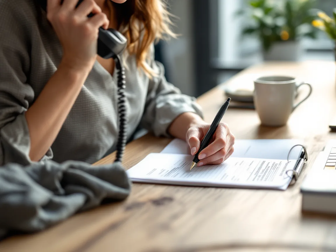 Office manager on a desk phone taking notes in a paper binder during a ransomware incident call