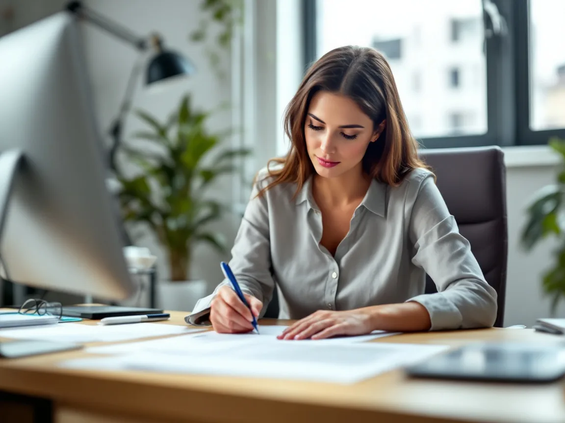 Office manager writing on a form at a tidy desk in a bright Texas office while completing insurance paperwork