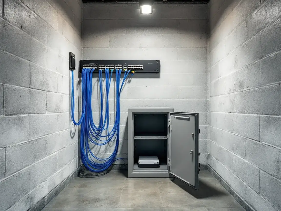 Concrete block network closet with a wall-mounted switch and blue patch cables, and an open fire-rated safe on the floor holding a single external backup drive on a shelf