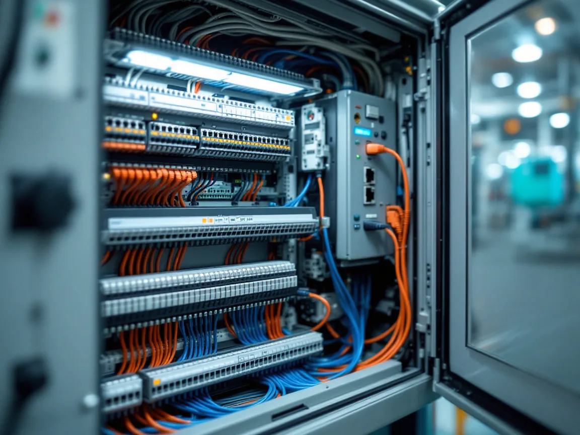 Open industrial control cabinet with PLC modules, terminal blocks, and a network switch wired with blue and orange cables