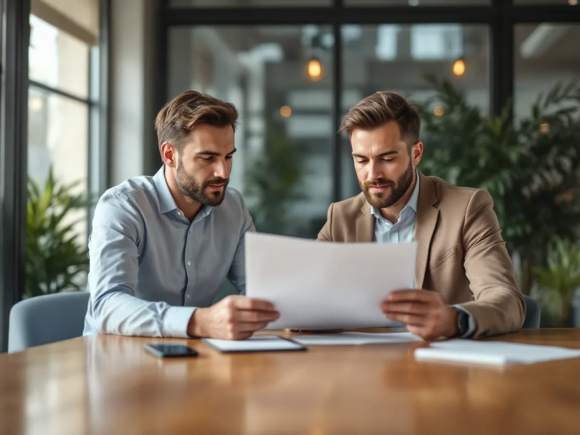 Operations manager and IT account manager at a wooden conference table reviewing a printed security results report together