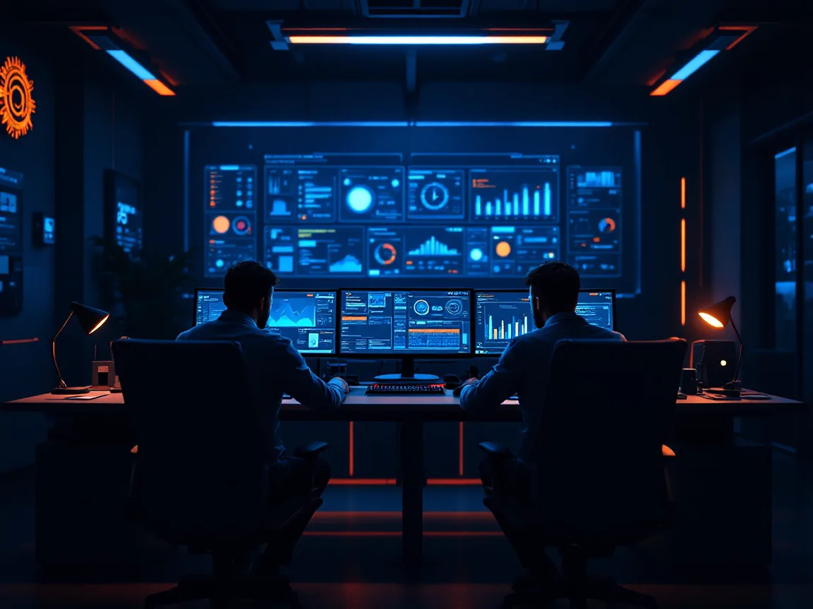Two security operations center analysts watching alert dashboards on multiple monitors in a dark overnight SOC room