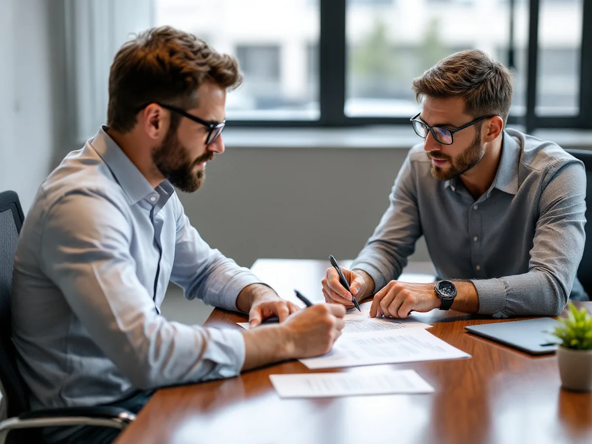 Business owner and IT manager seated across a conference table in a Fort Worth office, reviewing printed policy pages together with pens in hand