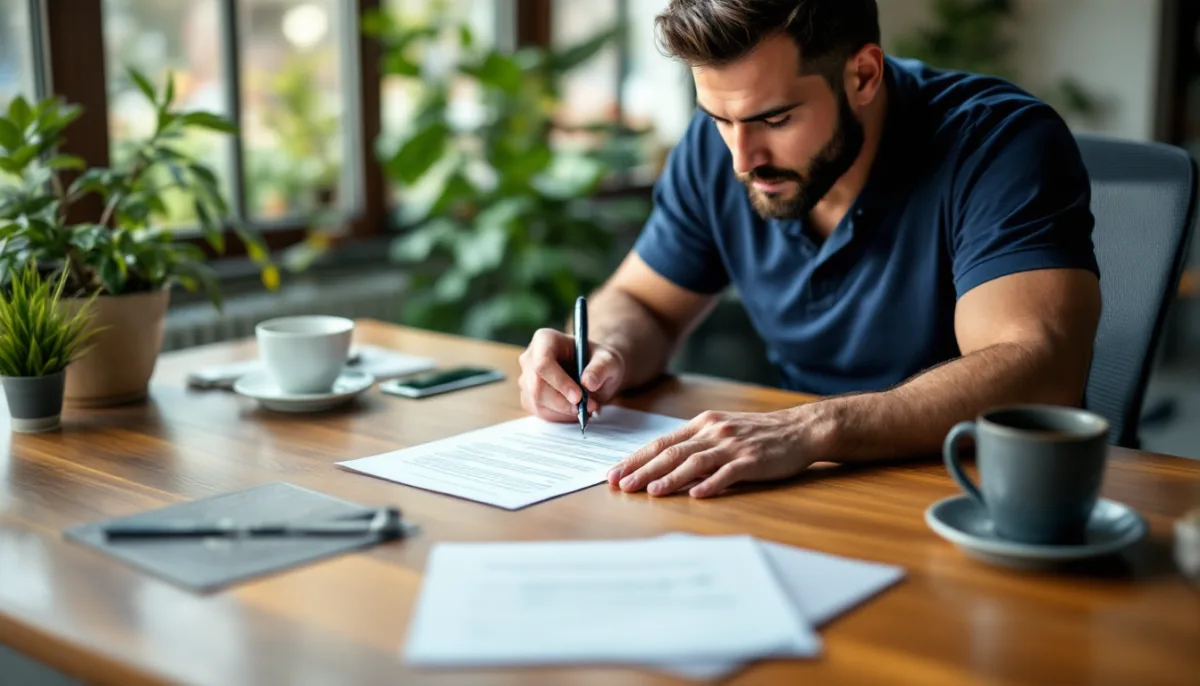 Business owner in a navy polo signing a managed IT services agreement at a wooden desk with coffee cups and plants in a San Antonio office
