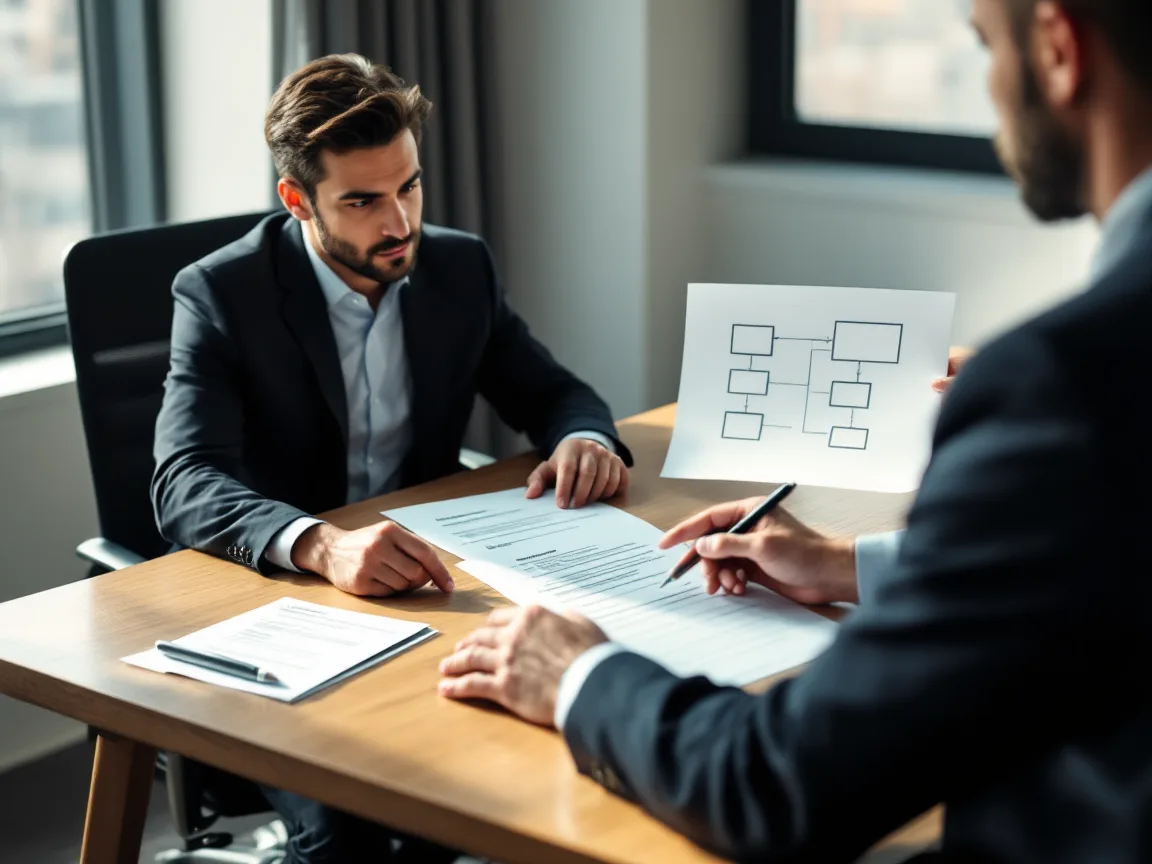 Business owner and security specialist at a table with a signed authorization form and a printed network diagram before a penetration test