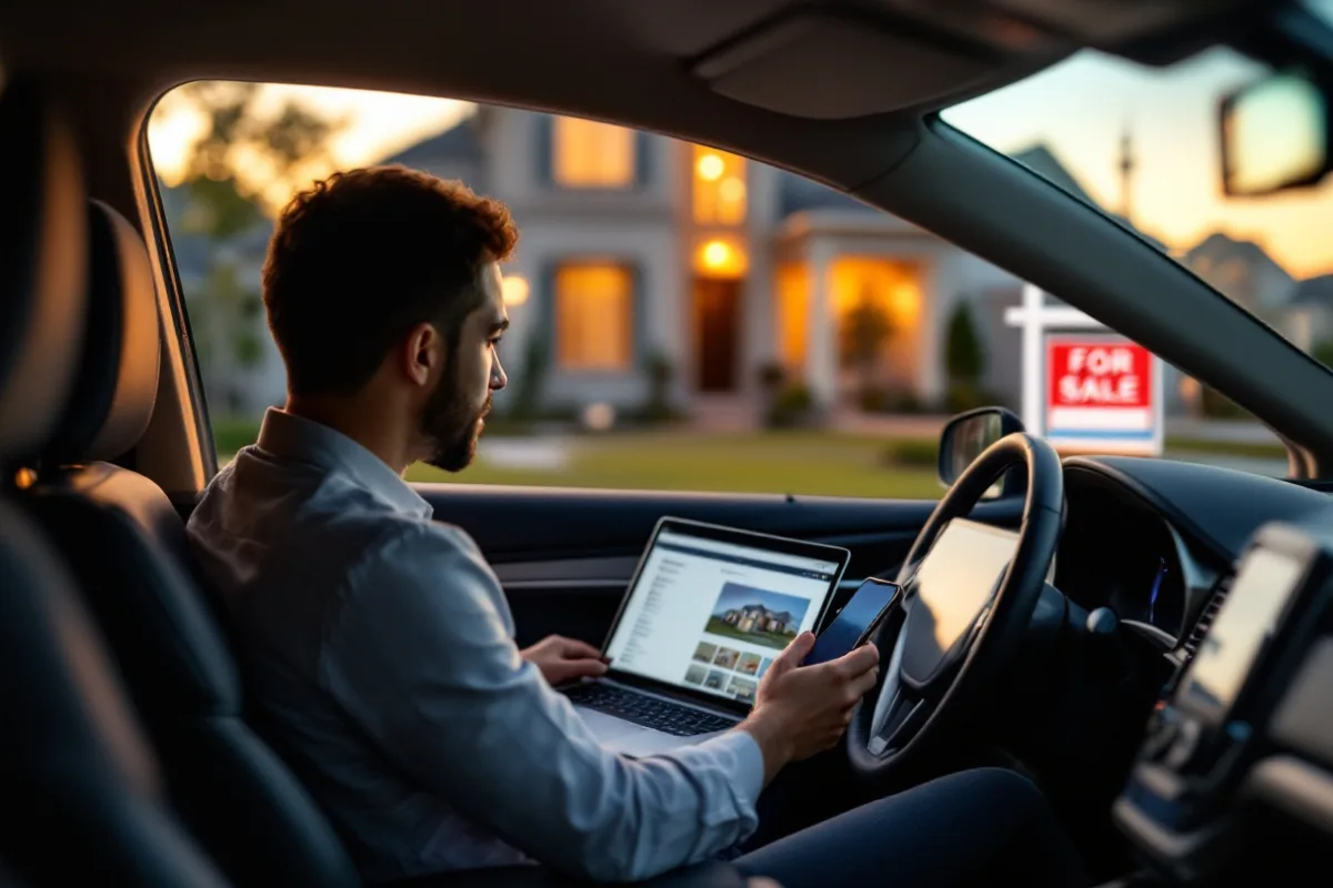 Real estate sales agent working on a laptop and phone in his car outside a listed home in a Dallas suburb