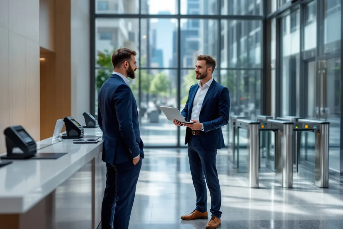 Building operations manager and IT technician talking beside access control turnstiles in a Dallas office tower lobby