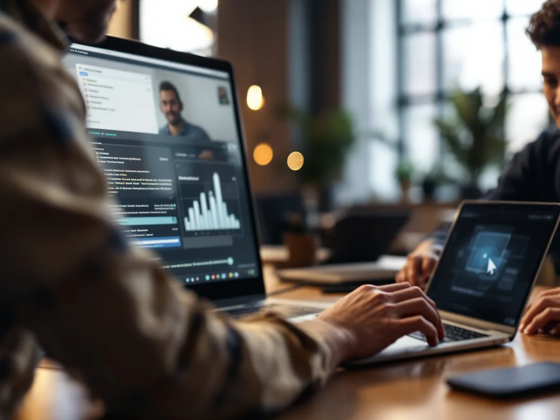 Employee at a laptop during a remote IT support session while a coworker looks on in a bright office