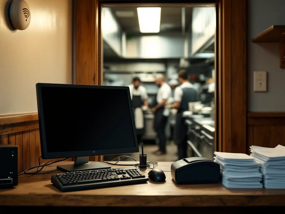 Restaurant back office with one computer, a receipt printer, and a Wi-Fi access point beside a busy kitchen