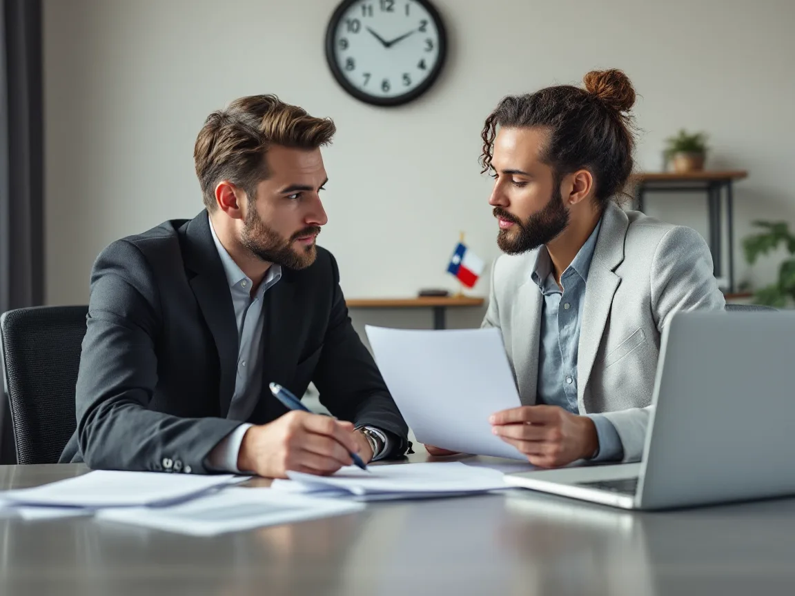 Two colleagues reviewing printed notice drafts at a table with a wall clock and a small Texas flag behind them