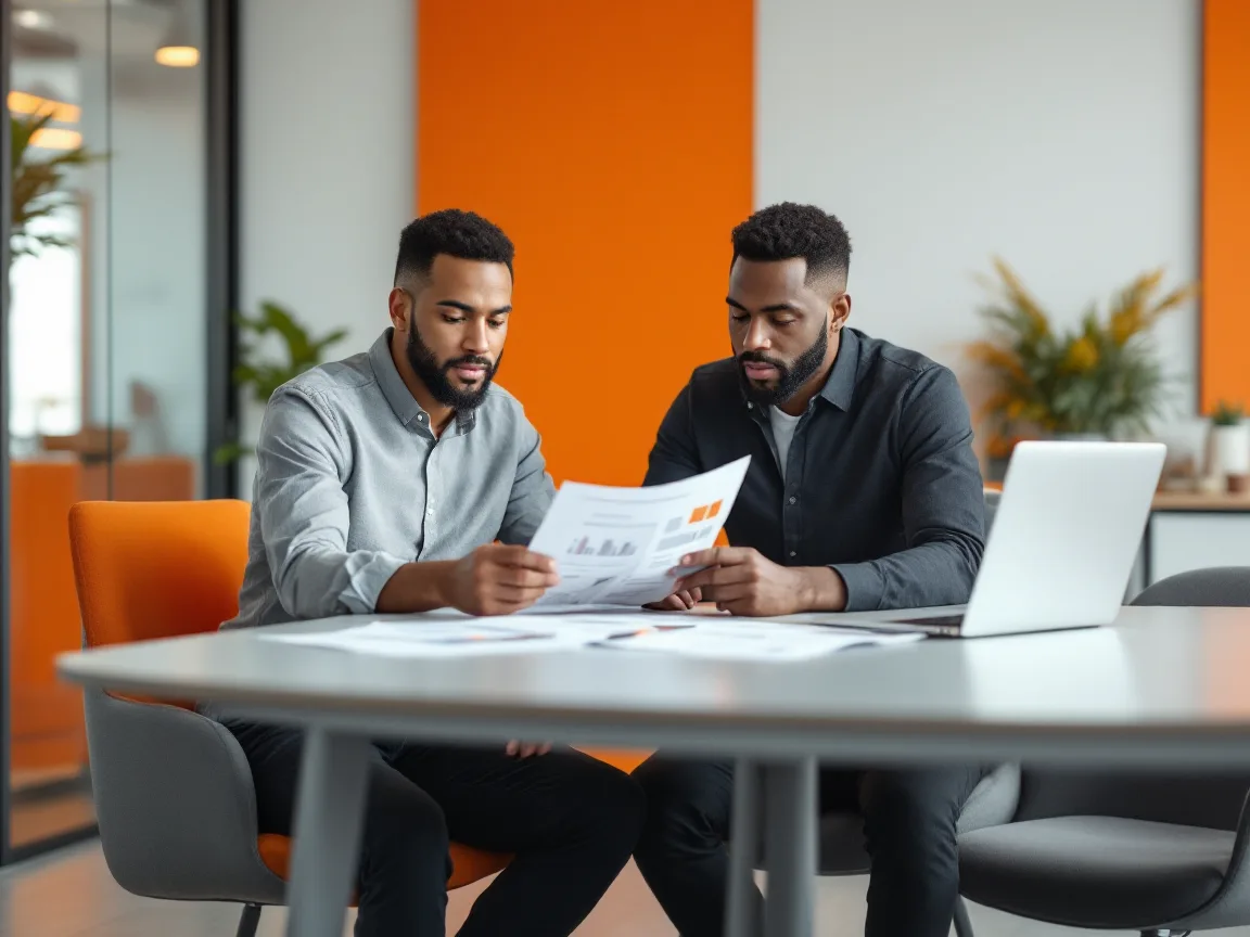 IT manager and operations director reviewing a printed managed detection and response report at a conference table in a Texas office