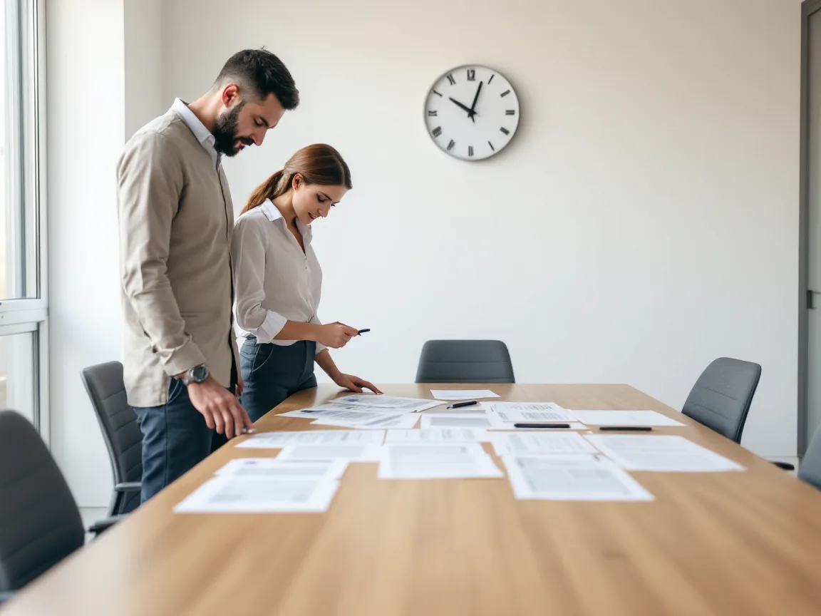 Two colleagues reviewing printed breach notice forms spread across a conference table with a wall clock behind them