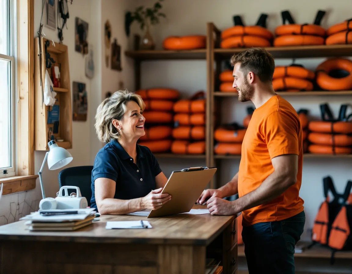 Office manager in a navy polo seated at a wooden desk holding a clipboard and talking with a staff member in an orange t-shirt, with orange inner tubes and life jackets stacked on shelves behind them