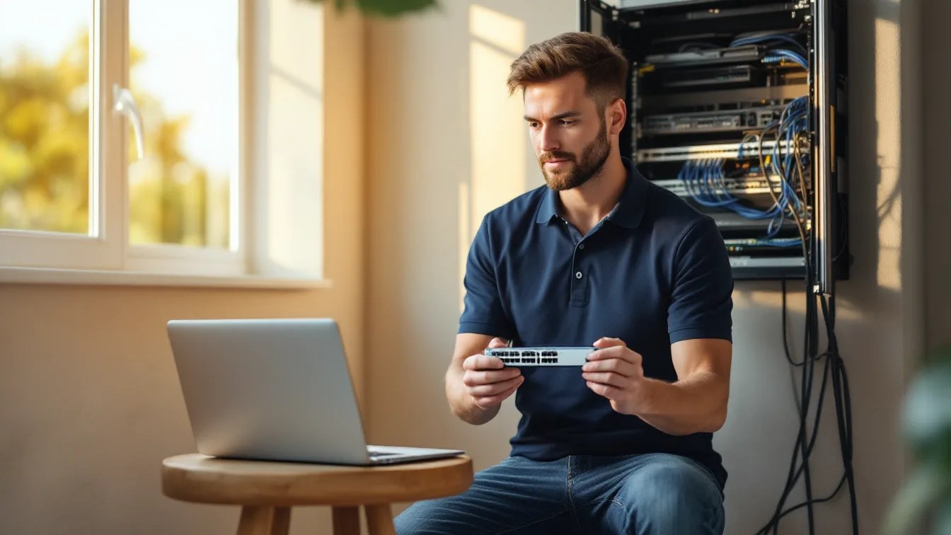 IT technician holding a replacement network switch beside an open wall-mounted rack in a small sunlit office