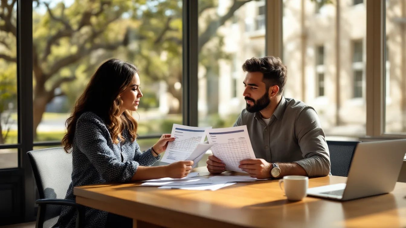 San Antonio business owner and office manager comparing two printed IT budget options at a conference table